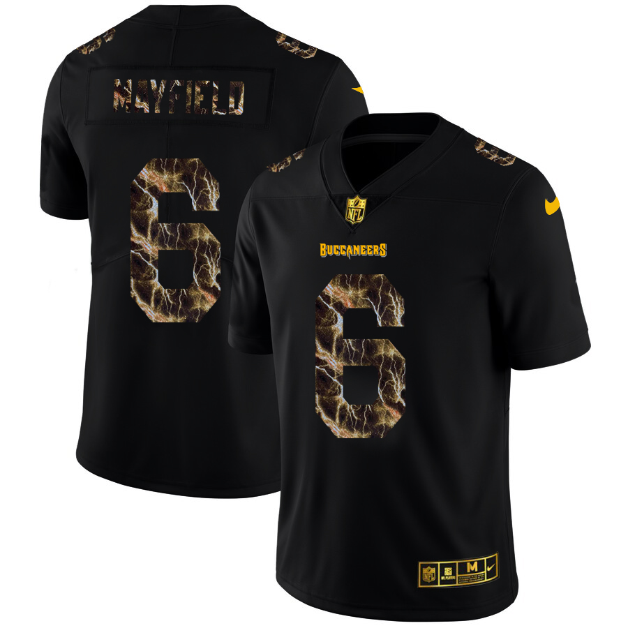Tampa Bay Buccaneers #6 Baker Mayfield Men's Black Flocked Lightning Vapor Limited Jersey