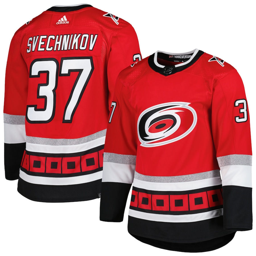 Carolina Hurricanes #37 Andrei Svechnikov Men's Adidas Red 25th Anniversary Authentic Pro Primegreen Player Jersey
