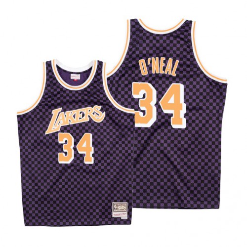Mitchell & Ness Los Angeles Lakers #34 Shaquille ONeal Purple Checkerboard HWC Throwback Jersey Mens