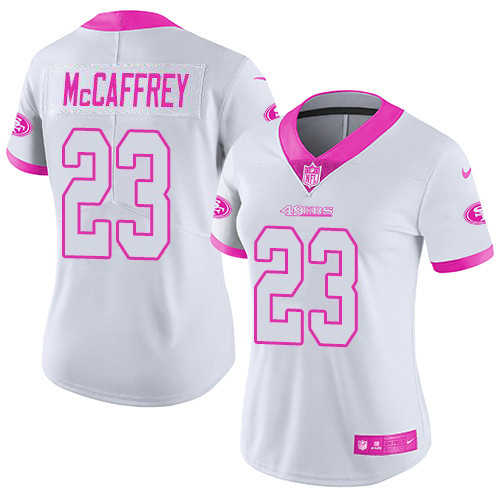 49ers #23 Christian McCaffrey White/Pink Women's Stitched Limited Rush Fashion Jersey