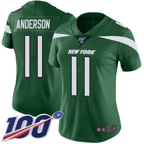 New York Jets #11 Robby Anderson Green Team Color Women's Stitched 100th Season Vapor Limited Jersey Womens