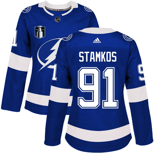 Adidas Tampa Bay Lightning #91 Steven Stamkos Blue 2022 Stanley Cup Final Patch Women's Home Authentic Stitched Jersey Womens
