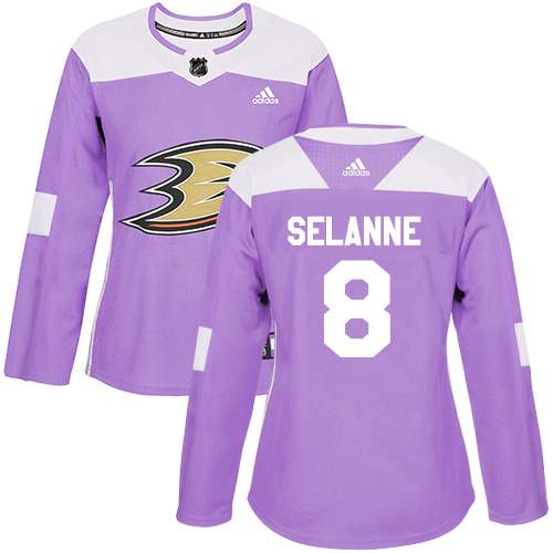 Adidas Anaheim Ducks #8 Teemu Selanne Purple Authentic Fights Cancer Women's Stitched Jersey Womens