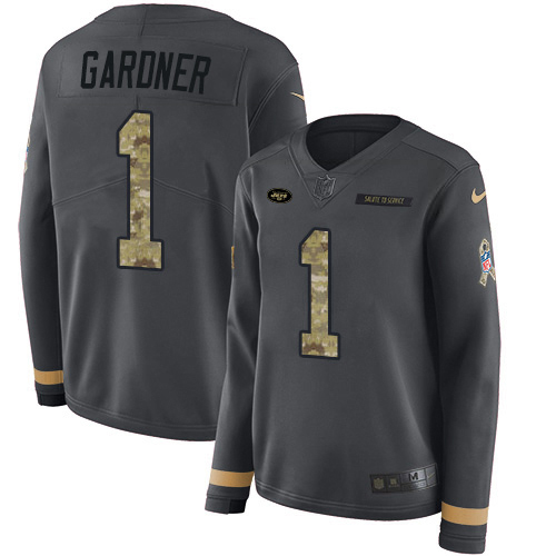 Jets #1 Ahmad Sauce Gardner Anthracite Salute To Service Women's Stitched Limited Therma Long Sleeve Jersey