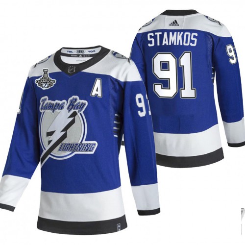 Adidas Tampa Bay Lightning #91 Steven Stamkos Blue Road Authentic Youth 2021 Stanley Cup Champions Jersey Youth