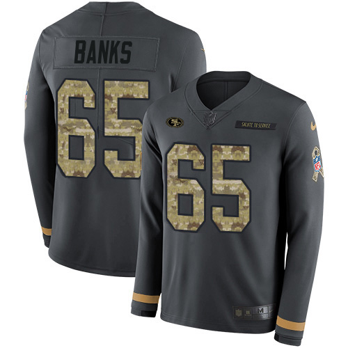 San Francisco 49ers #65 Aaron Banks Anthracite Salute to Service Youth Stitched Limited Therma Long Sleeve Jersey Youth