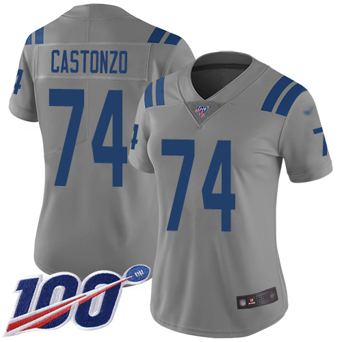 Indianapolis Colts #74 Anthony Castonzo Gray Women's Stitched Limited Inverted Legend 100th Season Jersey Womens