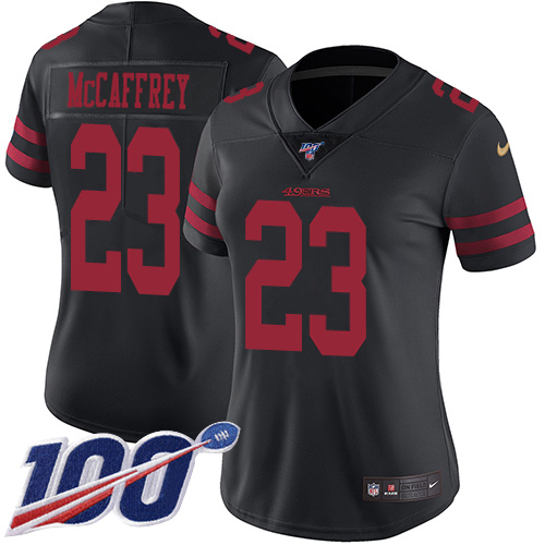 49ers #23 Christian McCaffrey Black Alternate Women's Stitched 100th Season Vapor Limited Jersey