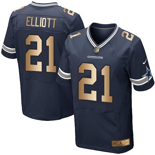 Cowboys #21 Ezekiel Elliott Navy Blue Team Color Men's Stitched Elite Gold Jersey