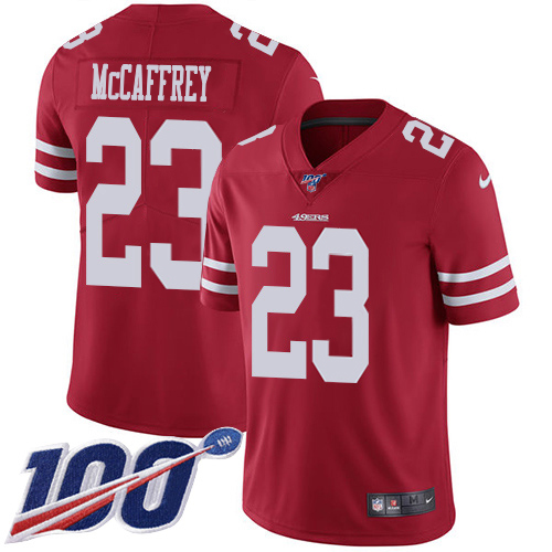 49ers #23 Christian McCaffrey Red Team Color Men's Stitched 100th Season Vapor Limited Jersey