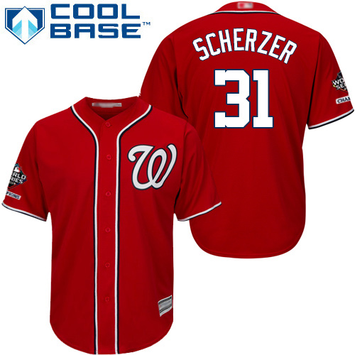 Washington Nationals #31 Max Scherzer Red Cool Base 2019 World Series Champions Stitched Youth Jersey Youth