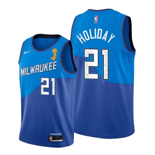 Milwaukee Bucks #21 Jrue Holiday 2021 Finals Champions City Edition Jersey Blue Mens