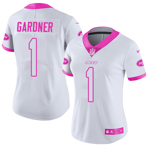Jets #1 Ahmad Sauce Gardner White/Pink Women's Stitched Limited Rush Fashion Jersey