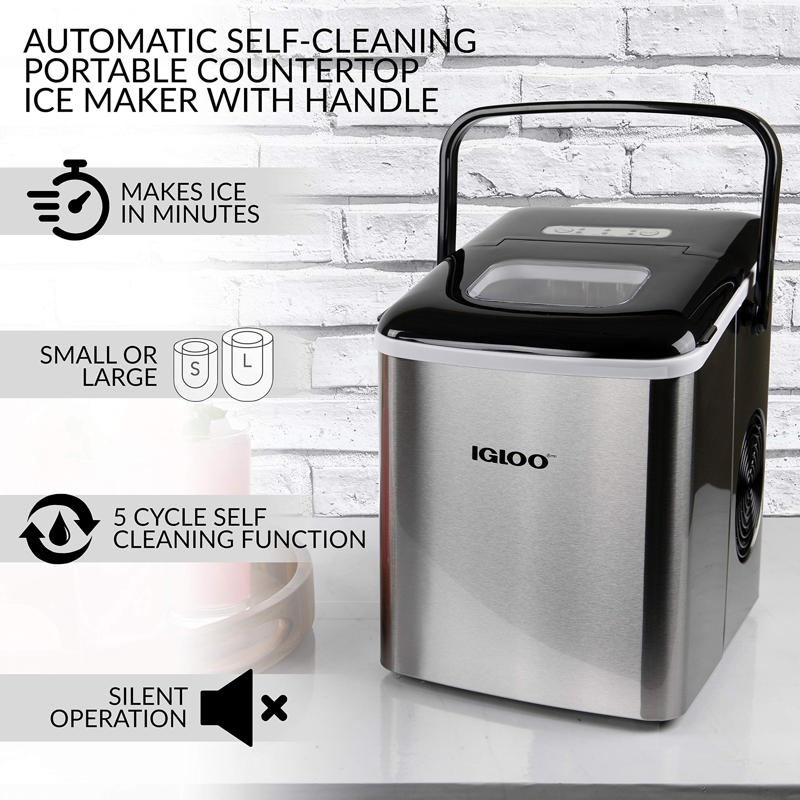 testIgloo ICEB26HNSS Automatic Self-Cleaning Portable Electric Countertop Ice Maker Machine With Handle, 26 Pounds in 24 Hours, 9 Ice Cubes Ready in 7 minutes, With Ice Scoop and Basket, Stainless