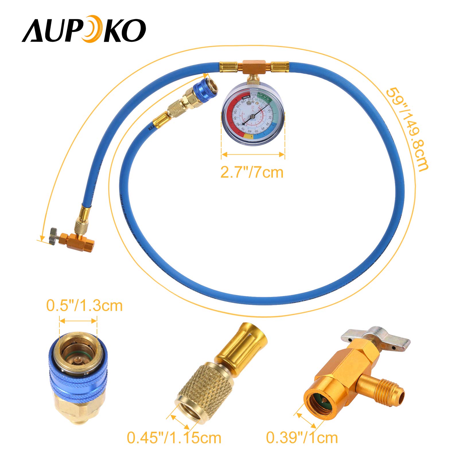 testAupoko R134A Car AC Refrigerant Charge Hose, AC Charge Hose with Gauge, R134A Can Tap Valve, R134A Quick Couple, Low Pressure Gauge and 59'' Recharge Hose